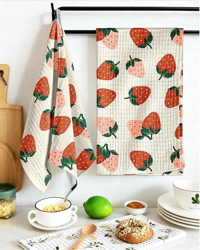 370GSM Cotton Waffle Kitchen Towels, Strawberry | Pure Cotton, Sustainable, Waffle Weave, Terry Cloth, Highly Absorbent, Decorative, 16"x25", with Hanging Loop