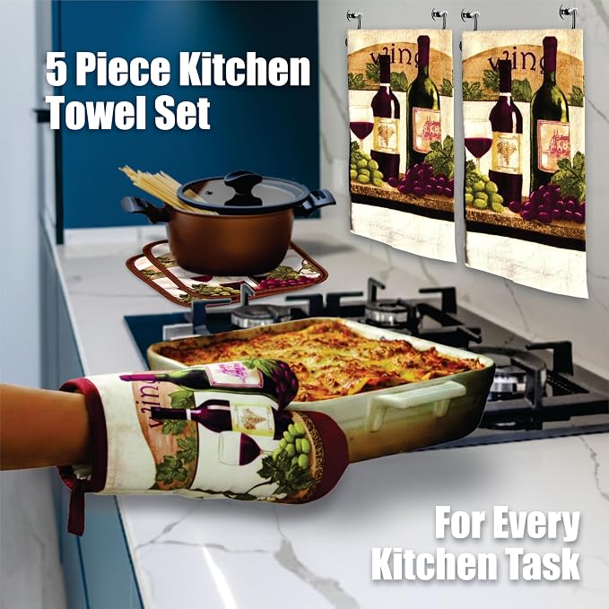 Wine Lover's 5-Piece Kitchen Towel Set | Kitchen Towel Set with 2 Decorative Dish Towels (25 X15), 1 Oven Mitt (11 X 7) and 2 Potholders (6.5 X 6.5)
