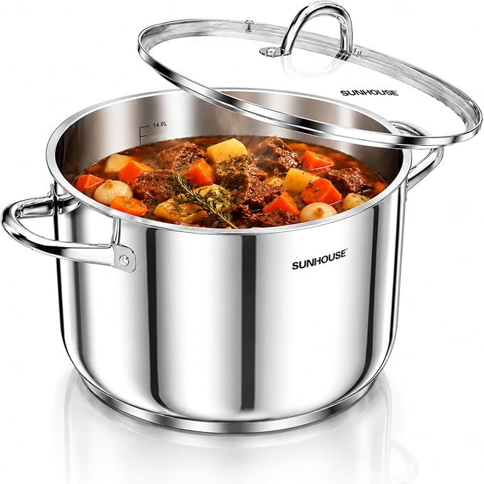 SUNHOUSE 16 Quart Stock Pot with Lid, Stainless Steel Large Pot for Cooking | 16QT Big Pots for Pasta, Soup - Stockpot for Canning, Seafood Boil with Impact Bonded Base - Oven Safe & Induction Compatible