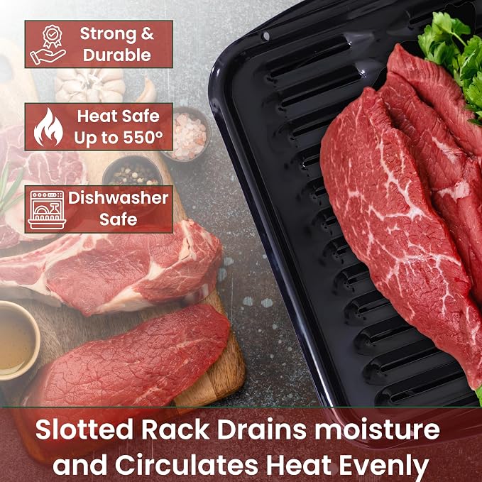 Broiler Pan for Oven Nonstick 16.75” x 13” Porcelain Nonstick Coated - Broiling Pan for Oven Withstands Heat up to 550° F - Heavy Duty Broil Pans and Rack Circulates Heat and Drains Fat (Black)