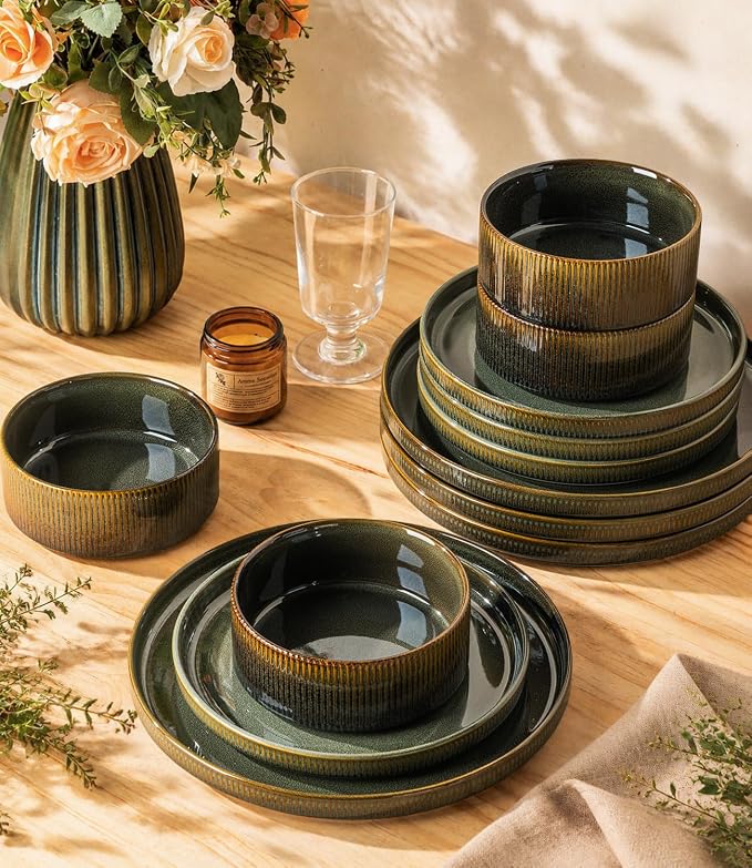 Ceramic Dinnerware Set for 4, 12-Piece Plates and Bowls Set | Lightweight Porcelain Dish Set, Scratch Resistant, Oven & Microwave & Dishwasher Safe, Olive Green