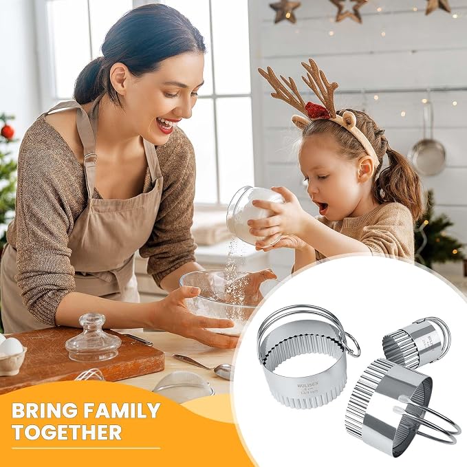 HULISEN Biscuit Cutter Set 3-Pc, Fluted Cookie Cutters with Handle | Stainless Steel, Dishwasher Safe, Etched inch/cm Markings, Gift-Ready Package, Ergonomic Arched Grip, Scones Linzer Cookies