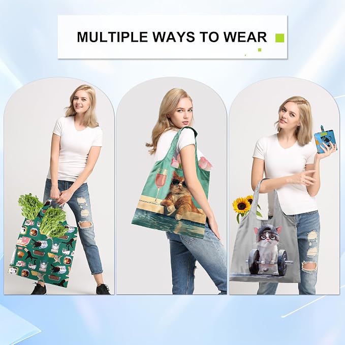 BeeGreen Cat Reusable Shopping Bags Cute Grocery Bag 6 Pack, Christmas Gift Bags Heavy-Duty Foldable Shopping Totes for Supermarket, Work & Travel, Large Washable Polyester Tote Bag with Handles
