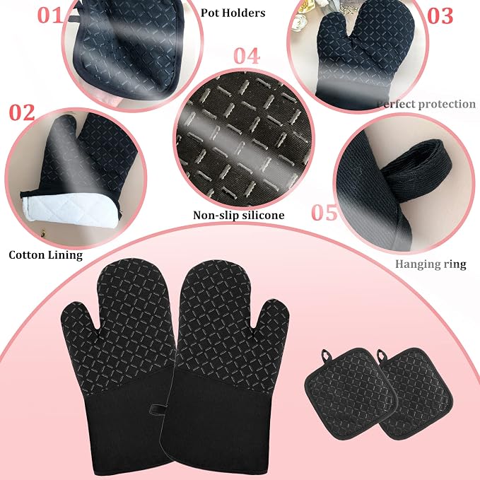 4 Pcs Oven Mitts and Pot Holders,Oven Glove High Heat Resistant 500 Degree,Long Oven Mitts with Recycled Cotton Infill and Silicone Non-Slip Surface for Baking,Kitchen,Cooking(Black)