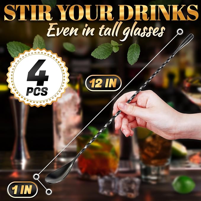 Black Bar Spoon Set of 4, 12 Inch, Stainless Steel, Twisted Spiral Handle | Black Bar Spoons; Dishwasher Safe, Rust-Resistant; for Cocktails, Iced Tea, Iced Latte; Home & Coffee Shop; Sugar Spoon
