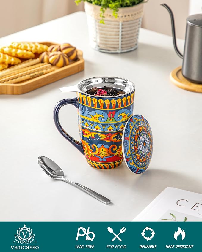 vancasso 18 Oz Tea Infuser Mug with Lid, Midnight Peacock | Eye-Catching Bohemian Pattern, Adds Charm to Any Tea Corner, Ceramic Mug with Infuser, Microwave and Dishwasher Safe