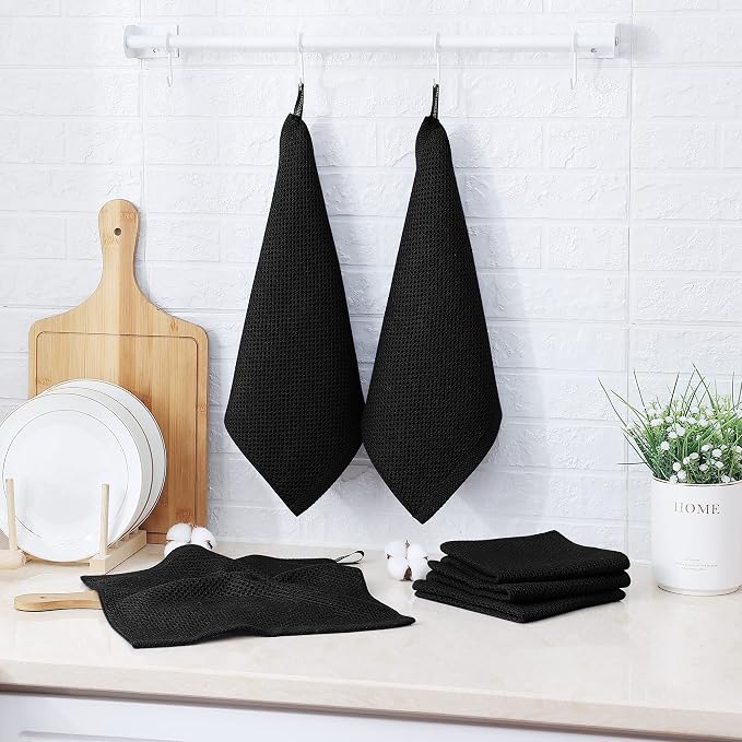 Kitinjoy 100% Cotton Kitchen Dish Cloths, 12 Pack Waffle Weave Ultra Soft Absorbent Dish Towels for Drying Dishes Quick Drying Kitchen Towels Dish Rags, 12 X 12Inch, Black | Ultra Absorbent, Super Soft, lightweight, Quick Drying Dish Rags for Washing D...
