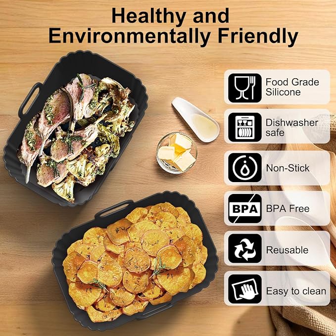 Silicone Air Fryer Liners 2 Pack, Reusable Liners for Ninja Foodi Dual DZ201 DZ401 DZ550 DZ320, COSORI 9QT, Instant & Chefman, Fits 8–10QT Dual Basket Air Fryers