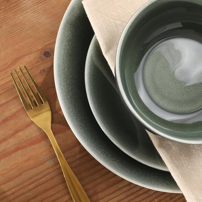 Gibson Elite Pine Coast Plates and Bowls Sets, 12-Piece Stoneware Dinnerware Sets, Reactive Glaze Dish Set - Green