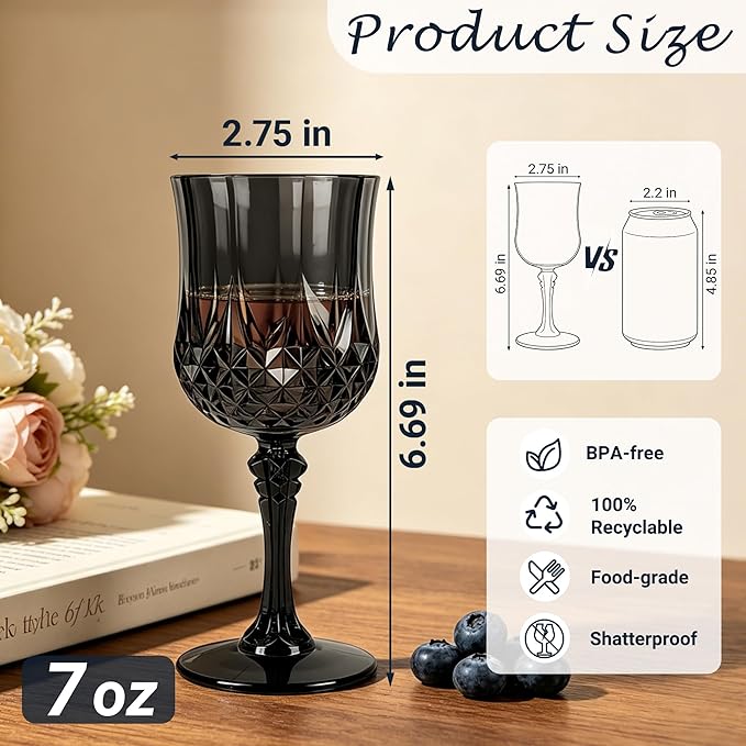 12Pack Plastic Wine Glasses, 7oz Vintage Goblets for Wedding | Unbreakable Crystal Style Reusable Stemware, Elegant Black Drinking Glass for Party Anniversary & Holiday Celebration