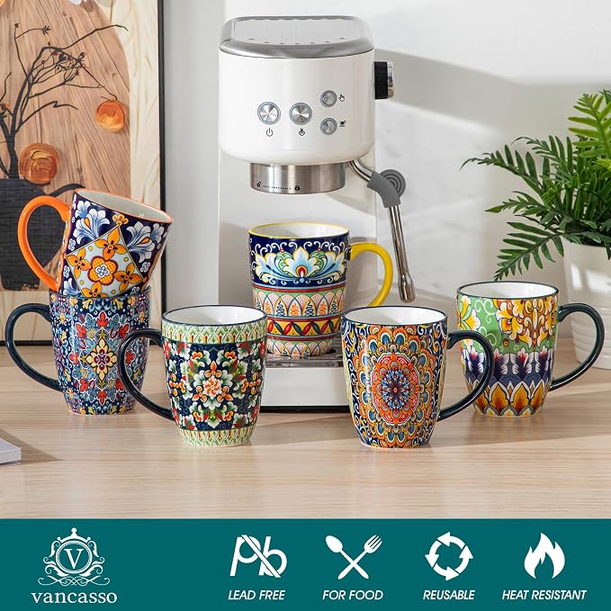 vancasso SIMI 12 oz Coffee Mugs Set of 6, Ceramic Mug with Handle, Boho | Coffee Cups for Latte, Tea, Cappuccino & Hot Chocolate, Easy-Grip Mug, Dishwasher & Microwave Safe, Bohemian Gift Set