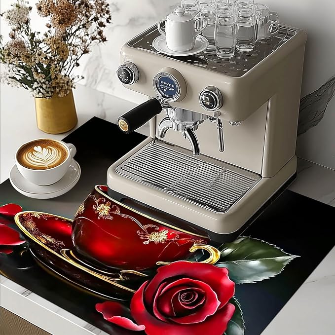HOMETITUTE Red Rose Tea Cup Stove Top Cover 28x20 Romantic Mat