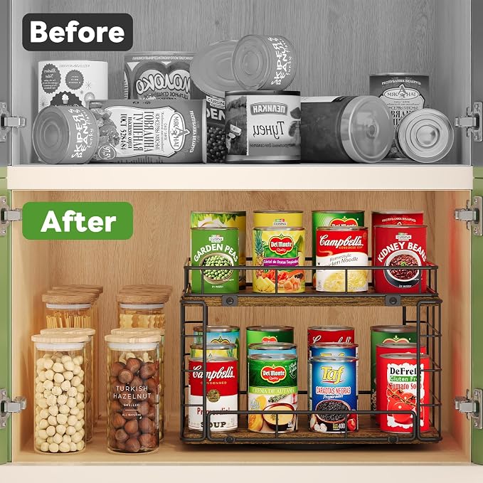 360° Rotating Lazy Susan Can Organizer for Pantry, Holds 26 Cans, Black | 2-Tier Soda Can Organizer, Metal Wire & Wood Shelf with Turntable Storage for Kitchen Cabinet, Pantry & Countertop