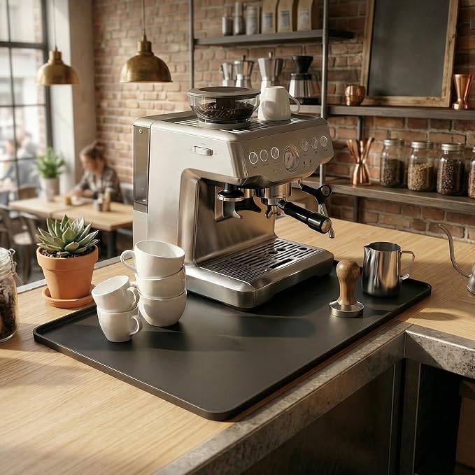ZJWZLG Silicone Coffee Mat for Countertop, 24x16 inch - Heat Resistant Espresso Machine Mat with Raised Edge, Non-Slip Waterproof Station Pad, Compact Coffee Bar & Kitchen Accessories - Black