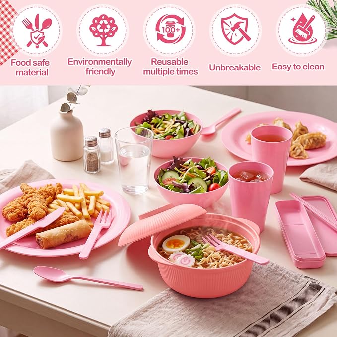 LemonRoad College Dorm Dishes Essential Kit 2 Sets Plastic Plates and Bowls 1 Set 40oz Microwave Cooker Ramen Bowl with Chopstick Spoon Fork Picnic Dinnerware Camping Set for College Dorm Room(Pink)