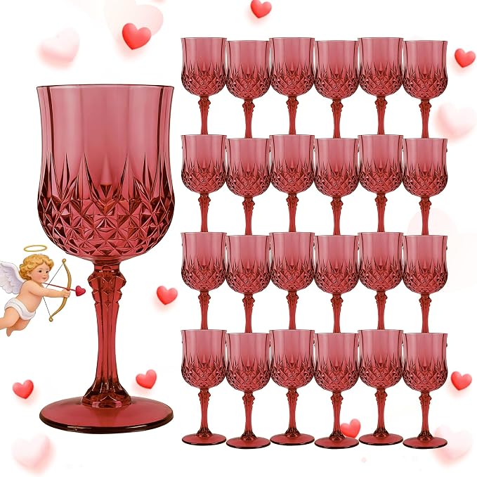 24Pack Plastic Wine Glasses, 7oz Vintage Goblets for Wedding | Unbreakable Crystal Style Reusable Stemware, Elegant Burgundy Drinking Glass for Party Anniversary & Holiday Celebration