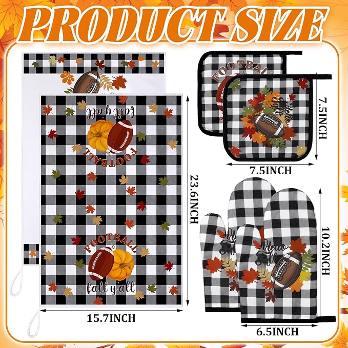Leinuosen 6 Pack Fall Thanksgiving Kitchen Set with 2 Football Dish Towels, 2 Buffalo Buffalo Plaid Pot Holders and 2 Marple Leaves Oven Mitts for Gifting, Baking, and Cooking Accessories