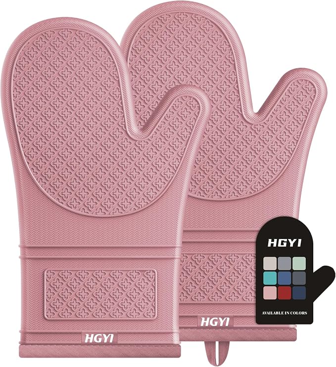Silicone Oven Mitts, Heat Resistant Oven Gloves with Quilted Liner, Waterproof & Non-Slip Kitchen Mittens for Baking Cooking BBQ, 500°F, 12.5"-Rose Pink