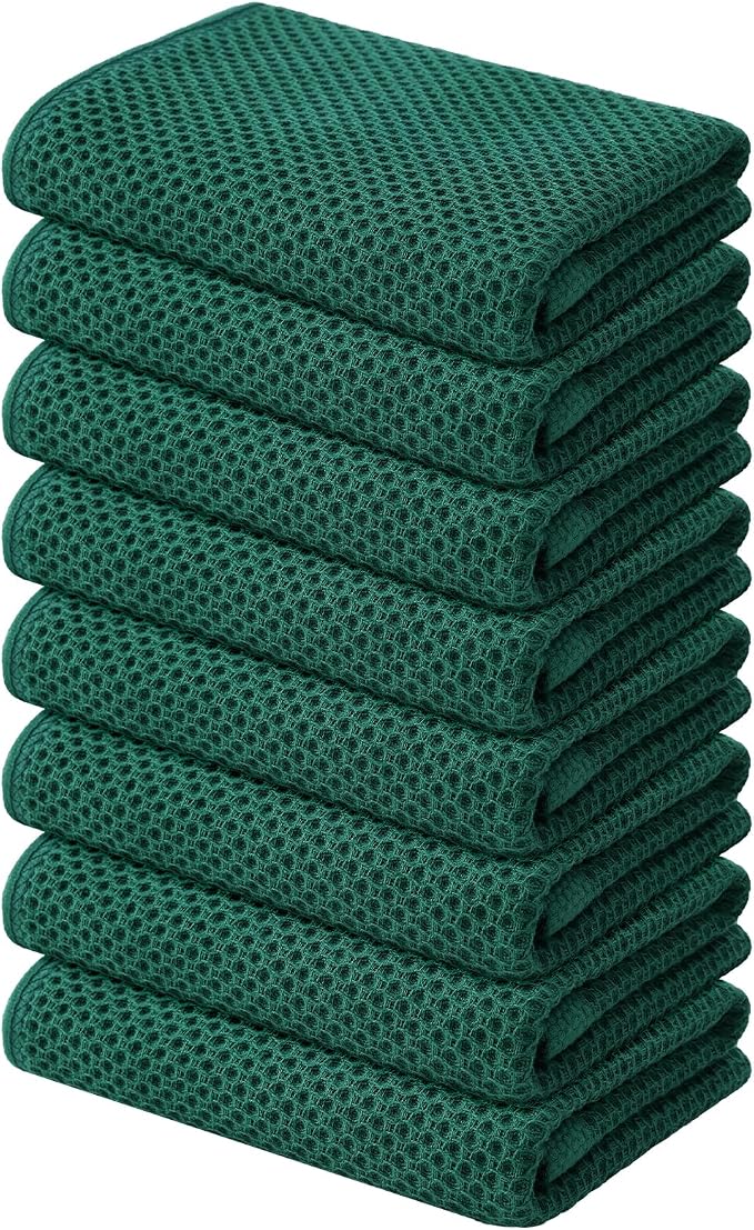 Kitinjoy 100% Cotton Waffle 8-Pack Kitchen Towels, 13" x 28", Dark Green | Super Soft, Ultra-Absorbent, Fast Drying, lightweight, Quick Drying Kitchen Hand Towels