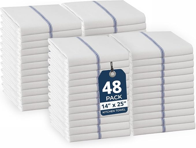 LANE LINEN Kitchen Towels Bulk Set - 100% Pure Cotton Dish Towels for Kitchen, Super Absorbent Kitchen Hand Towel, Blue Tea Towels, Soft & Durable Dish Cloths, Pack of 48 – 15”x25”, Blue Stripe