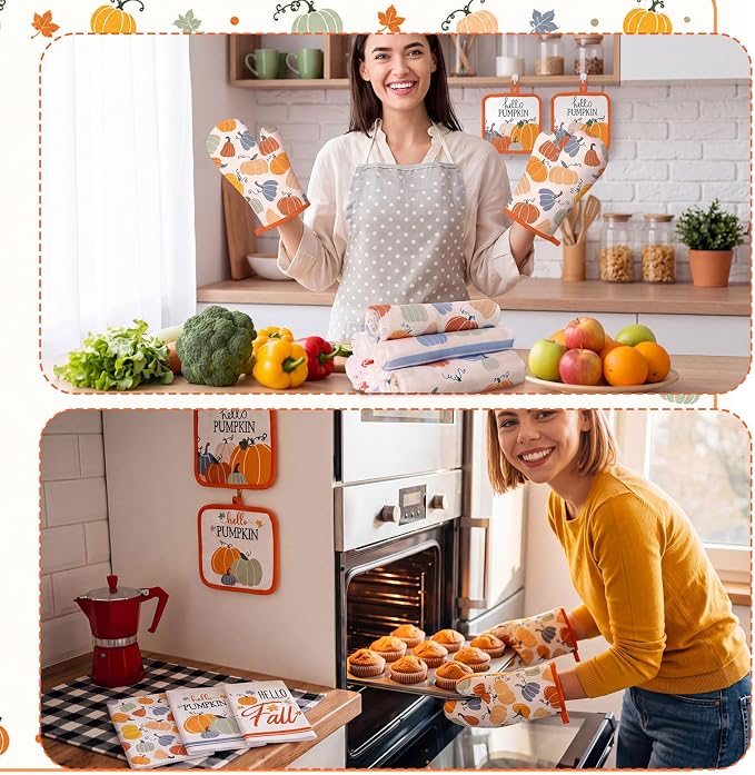 Fanfanwin 12 Pcs Fall Kitchen Decor and Accessories Set 6 Kitchen Towels 2 Pot Holders and Oven Mitts 2 Rugs Thanksgiving Towels for Baking Cooking BBQ Autumn Housewarming Gifts