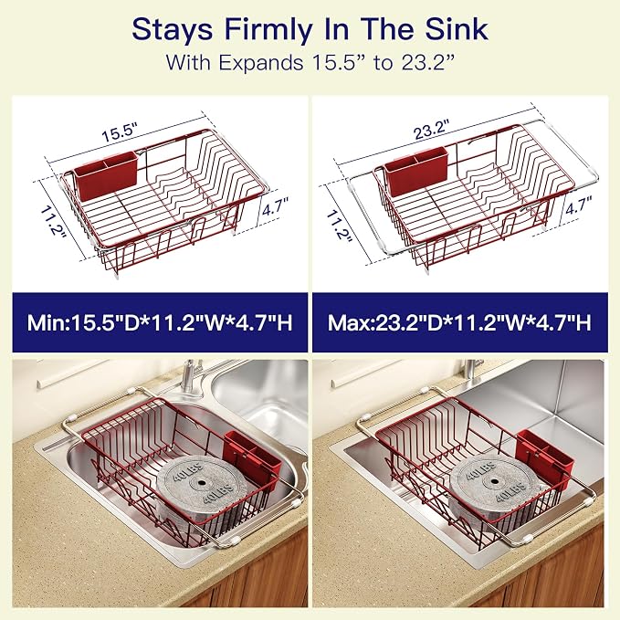 Red Dish Drying Rack Over Sink with Utensil Holder, Drainboard | Expandable Stainless Steel Dish Drainer for Small Kitchen, Apartment, RV, Counter Space Saving, Perfect Fit, Rustproof