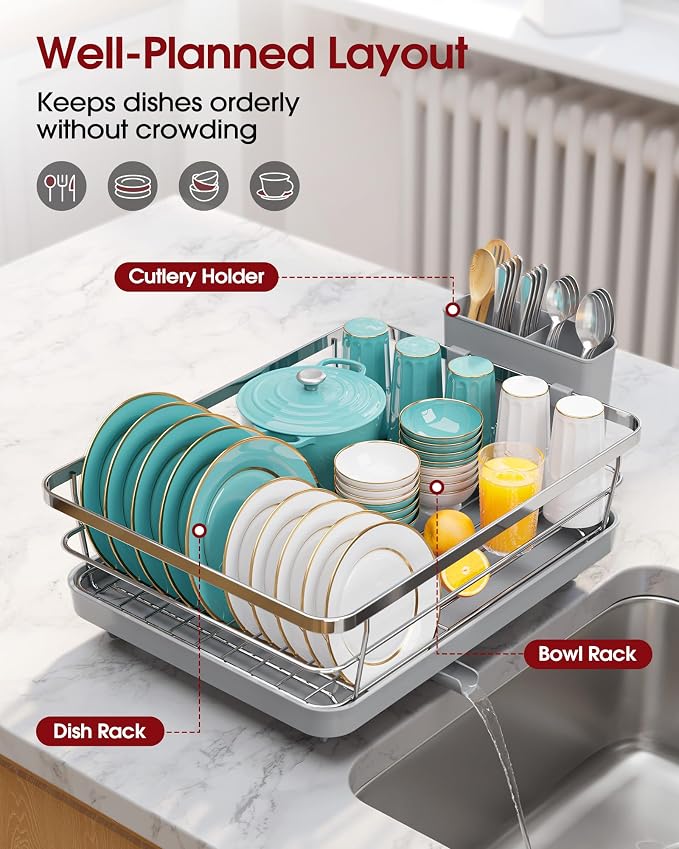 Sakugi Dish Drying Rack - Stainless Steel Dish Rack with Drainboard for Kitchen Counter and Sink, 15.6" D x 12" W x 5" H, Sliver