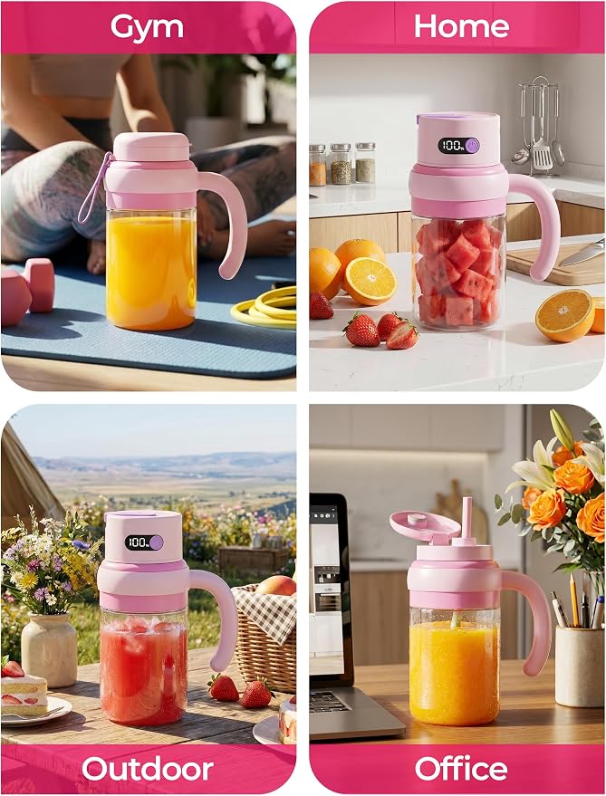 Portable Juicer Blender Cup, USB-C Rechargeable, Pink | LED display, cordless use and dual lids for fruit drinks, protein shakes and small ice cubes; 500ml max blending.
