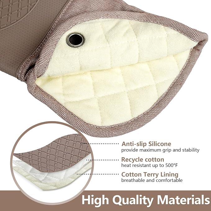 Professional Microwave Silicone Oven Mitts one Pair, Kitchen Mitten Set | Heat Resistant with 500 Degrees Oven Gloves Pot Holder for BBQ Cooking Baking (Khaki)