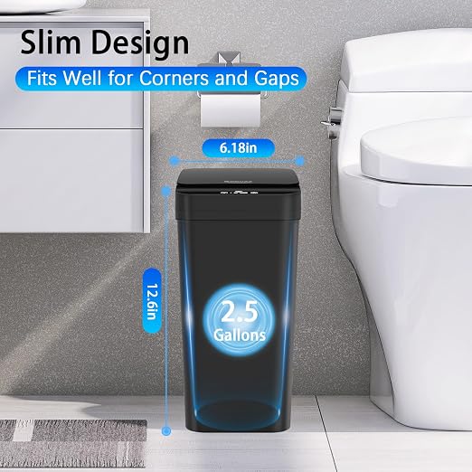Kssvzz 3 Pack Automatic Small Bathroom Trash Can with Lid (2.5 Gallon) | Black Touchless Garbage Can, Motion Sensor Smart Trash Bin, Slim Trashcan, Waterproof Plastic Wastebasket for Bedroom Office
