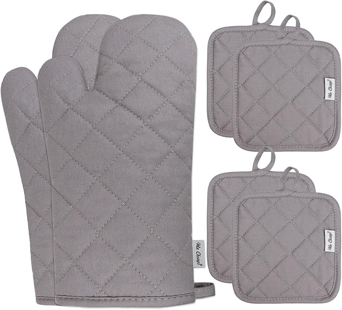 Oven Mitts and Pot Holders Sets,6 Pcs Oven Mitts and Potholders with Recycled Cotton High Heat Resistant Extra Thick Long Oven Mitts for Cooking(Gray)