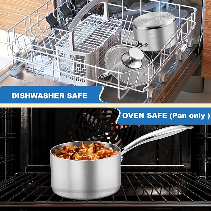 P&P CHEF 1 & 2 Quart Tri-Ply Saucepan with Visible Lid, Small Pot, 2 Piece | 1 & 2 Qt Stainless Steel Sauce Pan, Cooking Induction Pot Cookware for All Stoves, Healthy & Sturdy, Oven & Dishwasher Safe