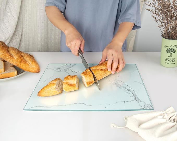 Glass Cutting Board 16"x12": Tempered Glass Kitchen Counter Protector - Durable- Scratch-Resistant, Heat-Proof - Design 2 - White Marble Effect