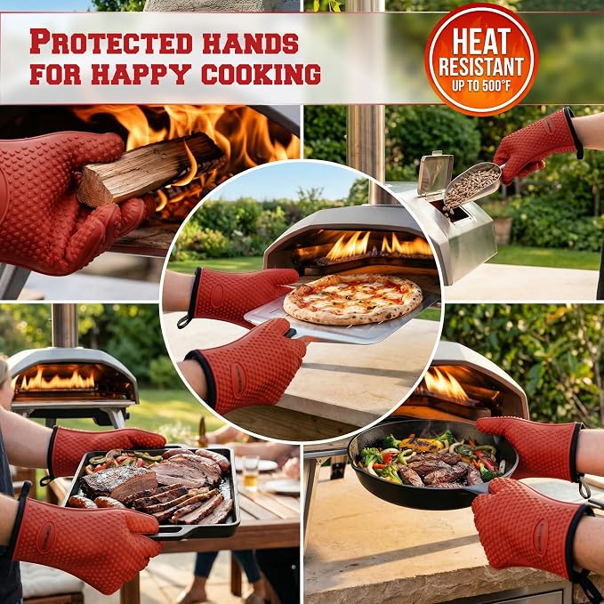 KITCHEN PERFECTION XL Silicone Pizza Oven Gloves Heat Resistant Oven Mitts | Waterproof, 5-Finger Design For A Better Grip, for Outdoor & Indoor Pizza Ovens, Compatible with Ooni, Ninja, Gozney & More