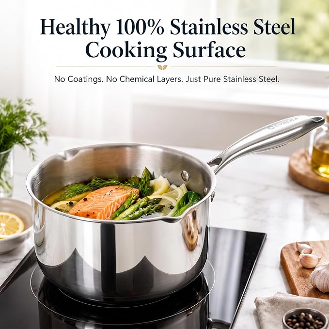 Cyrosa 2.0 Quart Saucepan with Lid, Stainless Steel Sauce Pot with Strainer Lid, Two Side Spouts for Easy Pour with Ergonomic Handle, Dishwasher Safe