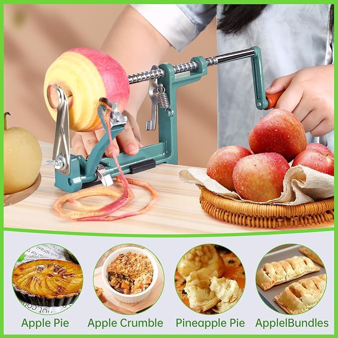 Apple Peeler Corer, Long lasting Chrome Cast Magnesium Alloy Apple Peeler Slicer Corer with Stainless Steel Blades and Powerful Clamp Base for Apples and Potato(DeepGreen)
