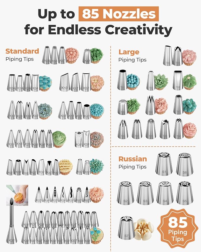 Kootek 140 Piping Bags and Tips Set Frosting Piping Kit for Beginner & Pros | Baking Supplies Tools, 40+2 Disposable & Reusable Piping Bags 12", 85 Icing Piping Tips, for Cookie Cupcake Cake Decorating