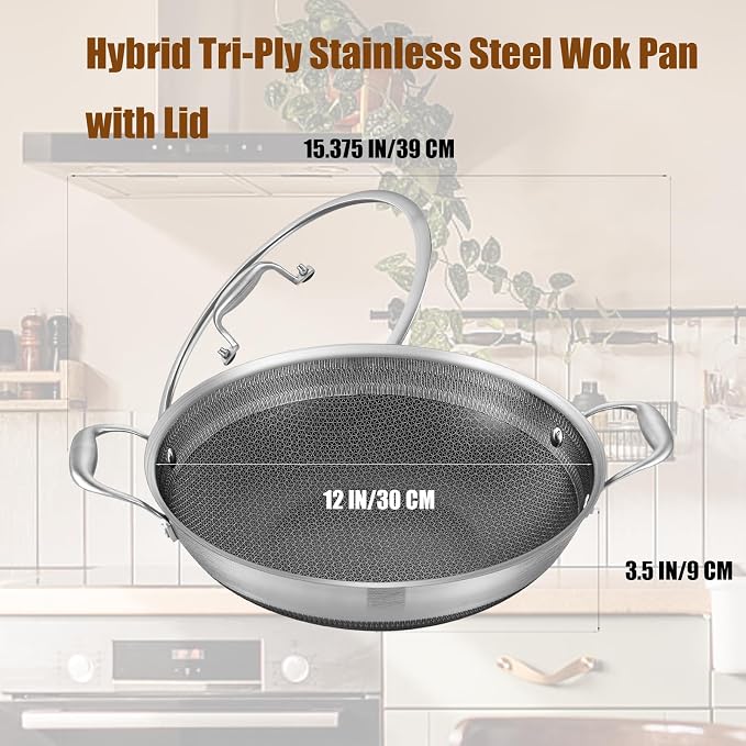 LOLYKITCH Hybird Nonstick Wok Pan with Lid | 12-Inch | Rivented Handle | Non Toxic | Tri-Ply Stainless Steel | Ceramic Coating | Stir Fry Pan | Induction Compatible | Dishwasher & Oven Safe