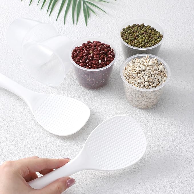 5 Pack Plastic Rice Measuring Cups, 160 ml Measuring Cup for Rice Cooker, Rice Cup Replacement, Heat Resistant Non Stick, with 2 Pack Rice Paddle Rice, Kitchen Supplies, Dog Cat Food Measuring