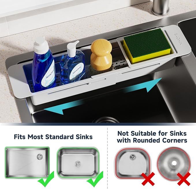 NiHome Extendable Kitchen Sink Caddy, Small Brush Sponge Storage Holder | Expandable Kitchen In Sink Organizer for Brush & Sponge with Drainage, Adjustable Length, Non-Slip Pads, Durable ABS (Gray)