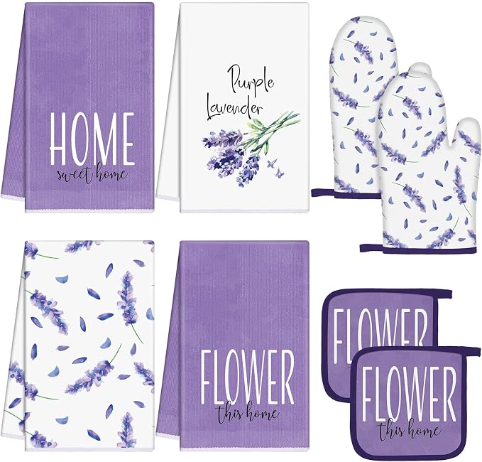 Leinuosen 8 Pcs Purple Lavender Kitchen Towels and Dishcloths Sets Oven Mitts and Pot Holders Sets Absorbent Kitchen Gloves Potholders Heat Resistant for Chef Baking Cooking