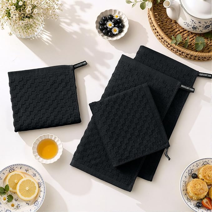 Homaxy 100% Cotton Terry Dish Cloths, 12"x12", 8-Pack, Black | Ultra Soft Absorbent Dish Towels with Hanging Loop, Pineapple Grid Designed