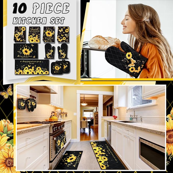 Fourluoo 10 Pcs Sunflower Butterfly Kitchen Dish Towels Rugs Oven Mitts and Pot Holders Set Farmhouse Kitchen Decor Set for Women Mom Daughter Gift Cooking Baking Grilling (Bright Black)