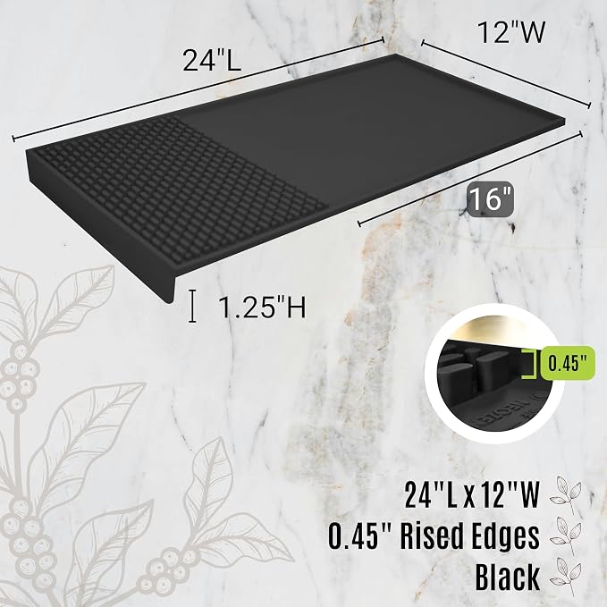 Coffee & Bar Mat For Countertop With "Edge Protection" – Espresso Machine & Coffee Maker Mat – Silicone Heat Resistant Mat – Non-Slip & BPA-Free Food Grade Mat – 12"(Front) x 24"(Length), Black
