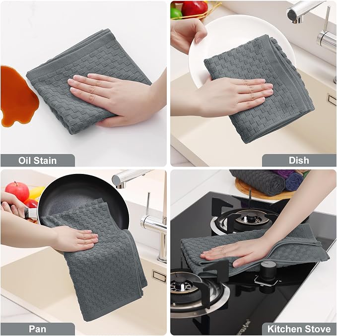 Homaxy 100% Cotton Terry Kitchen Towels(15" x 25", 12 Pack), Dark Grey | Soft and Super Absorbent Dish Towels, 380 GSM Reusable Tea Towel with Hanging Loop, Pineapple Grid Designed
