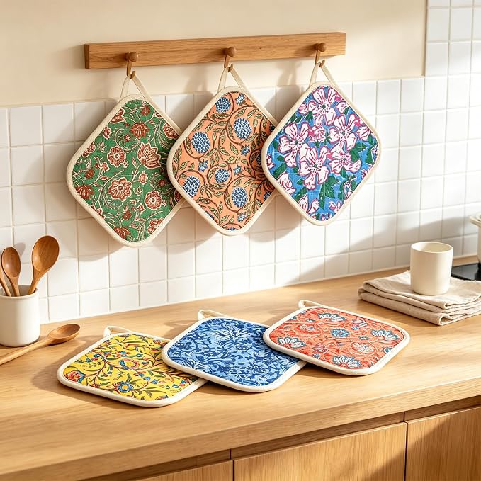6 Pack Pot Holders 100% Cotton Heat Resistant Potholder, Machine Washable Pot Holder, Hot Pads, Table Pads for Cooking Baking (A1)