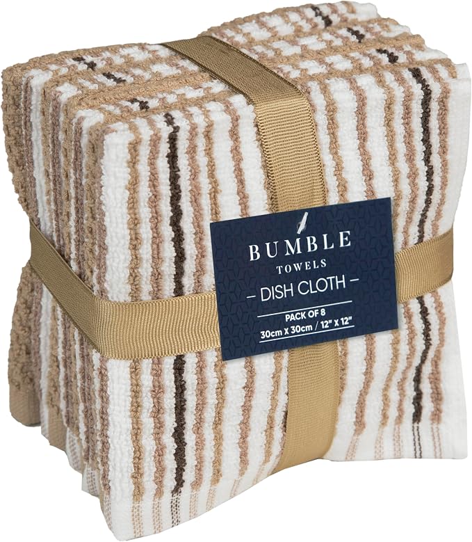 Bumble Dish Cloths 8-Pack, 100% Cotton Kitchen Towels, 12"x12" Tan | 430 GSM Soft Dish Towels for Kitchen, Highly Absorbent & Durable Kitchen Rags for Washing Dishes