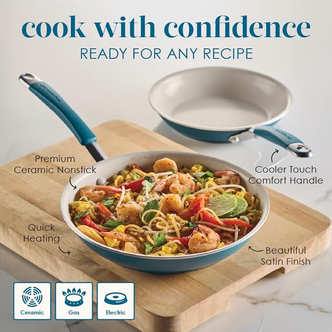 Rachael Ray Cucina Ceramic Nonstick Frying Pans/Skillet Set, Dishwasher Safe, 8.5 inch and 10 inch Open Fry Pans - Marine Blue
