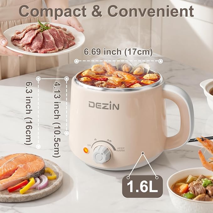 Dezin 1.6L Electric Pot, Stainless Steel Electric Hot Pot with Dual Power | Keep Warm, Ramen Cooker, for Egg, Pasta, Soup, Porridge & Oatmeal, Overheat & Boil-Dry Protection, Ideal for Dorm & Office