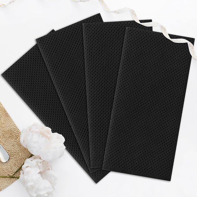 Kitinjoy 100% Cotton Waffle 4-Pack Kitchen Towels, 20" x 28", Black | Super Soft, Ultra-Absorbent, Fast Drying, lightweight, Quick Drying Kitchen Hand Towels